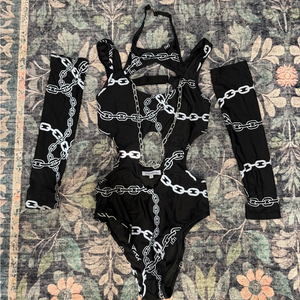 iHeartRaves Reflective Chain Print Bodysuit with Arm Sleeves